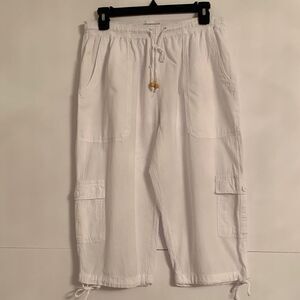 Cotton Collection White Cargo Capris Pants Elastic Waist Drawstring Hem Size XL
